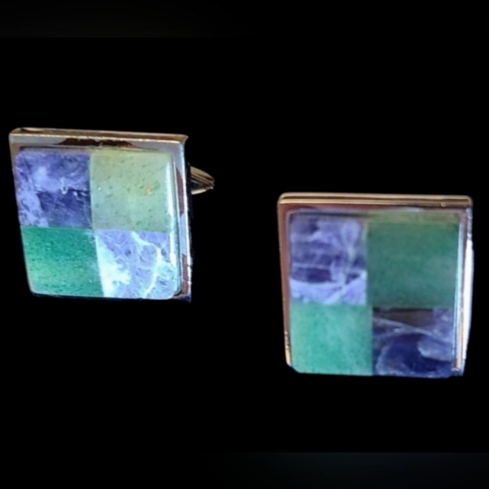 RARE Swank Karat Gold 1945 Cufflinks Sodalite Adventurine Gem Square